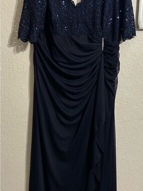 Navy Long-Sleeve Lace & Draped Evening Gown